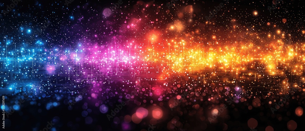 Fototapeta premium Vibrant, multicolored light streaks and sparkles against a dark background, resembling a cosmic scene