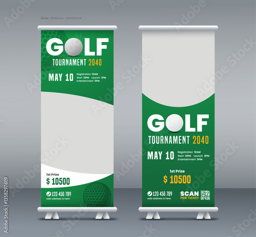 Golf tournament roll up banner, annual sports tournament event roll up banner, championship golf league or club pull up banner, or x banner print template
