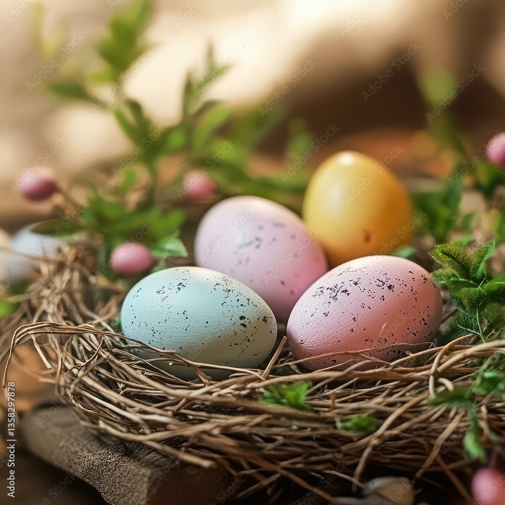 Obraz premium Colorful Easter eggs displayed in a rustic nest