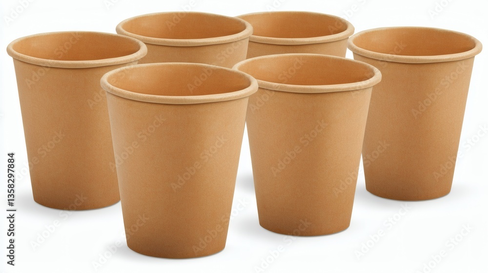 Group of Eco-Friendly Brown Paper Cups on White Background, Biodegradable Group of Eco-Friendly Brown Paper Cups on White Background, Biodegradable