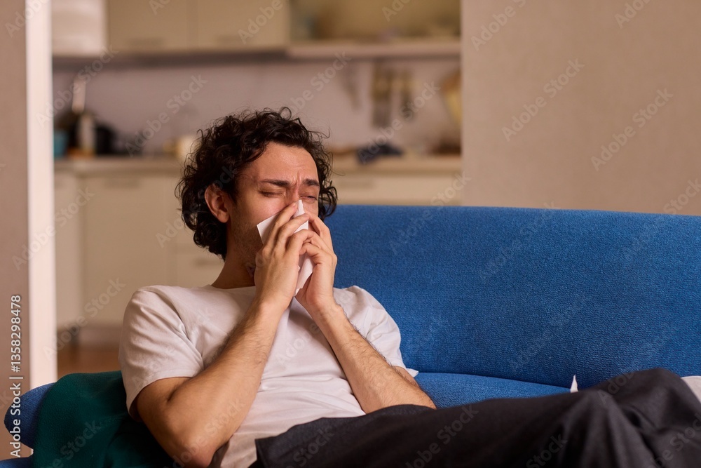 A Young Man Experiencing Discomfort While Enjoying a Relaxing Day at Home Comfortably A Young Man Experiencing Discomfort While Enjoying a Relaxing Day at Home Comfortably