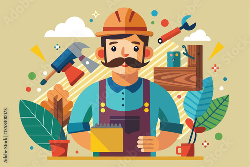 A skilled woodworker prepares for a project surrounded by tools and greenery in a cozy workshop, Woodworker Customizable Flat Illustration