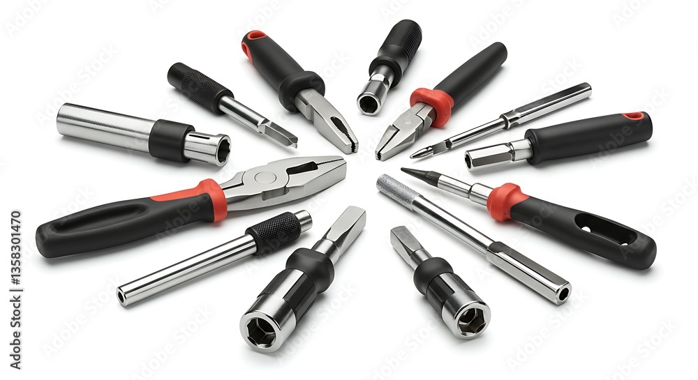 Assorted Tools Arrangement Featuring Pliers and Screwdrivers on White Backdrop Assorted Tools Arrangement Featuring Pliers and Screwdrivers on White Backdrop