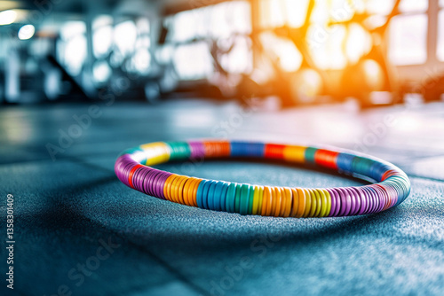 Colorful hula hoop rests on gym floor with soft sunlight streaming through windows during exercise session