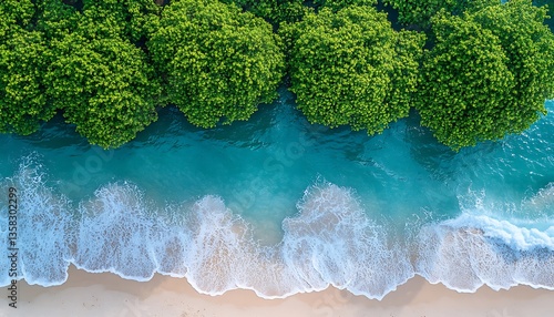 Aerial view showcasing the coastline with lush green trees and ocean