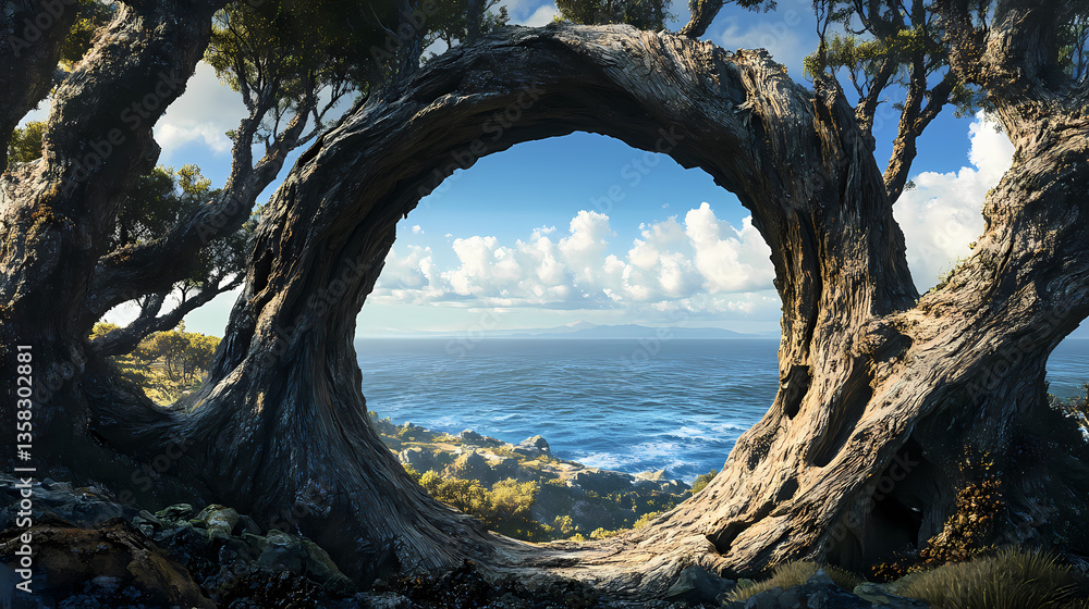 Ocean view framed by weathered, hollowed tree. Hollow Mirror. Illustration Ocean view framed by weathered, hollowed tree. Hollow Mirror. Illustration