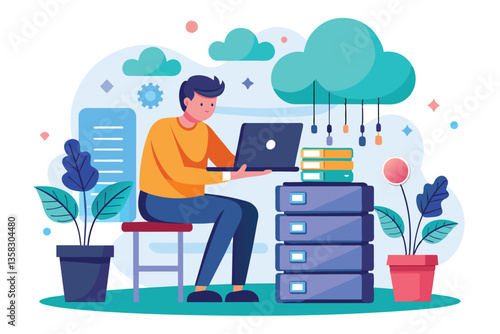 A worker is focused on setting up a cloud database on their laptop, working at a desk with tech tools nearby, worker installing cloud database