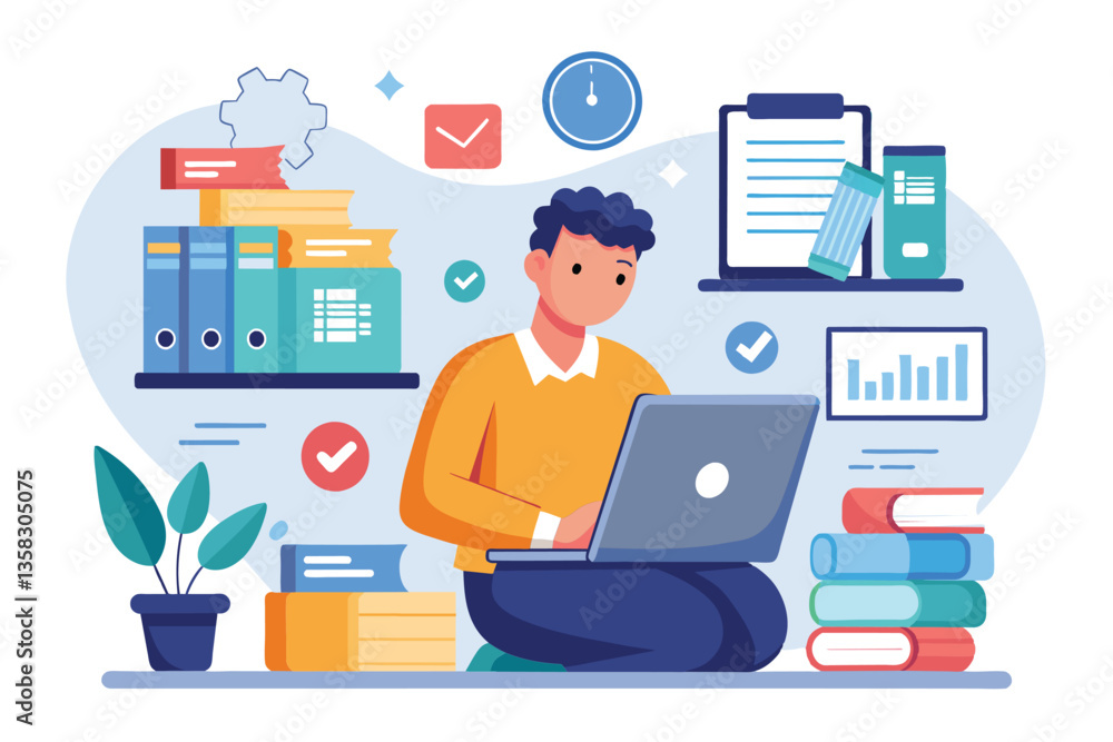 A focused worker efficiently organizes data and documents using a laptop in a contemporary office setup, Worker organizing documents and data via laptop A focused worker efficiently organizes data and documents using a laptop in a contemporary office setup, Worker organizing documents and data via laptop