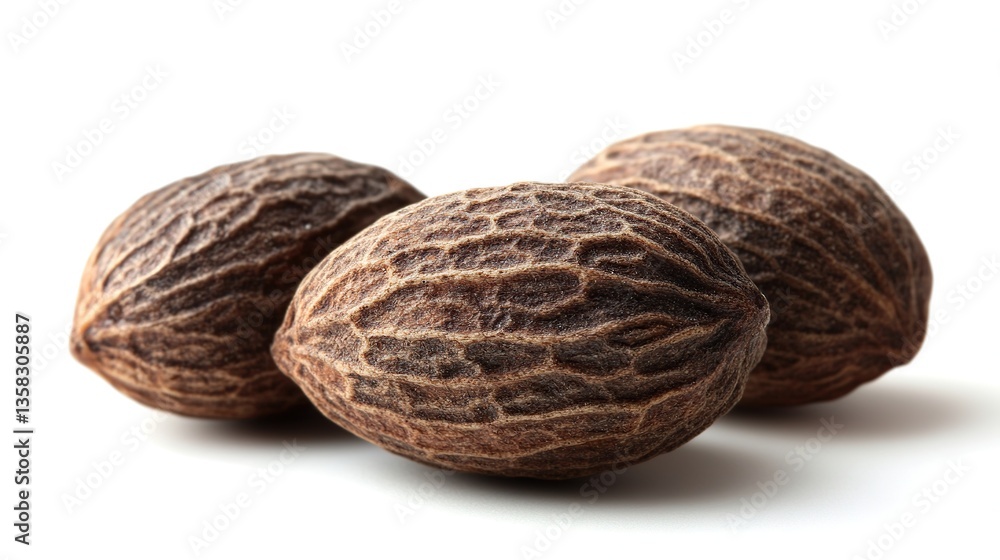 Three whole nutmegs on white background Three whole nutmegs on white background