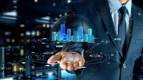 Professional businessman presenting holographic digital cityscape with global data visualization, displaying interconnected urban infrastructure through advanced technological interface