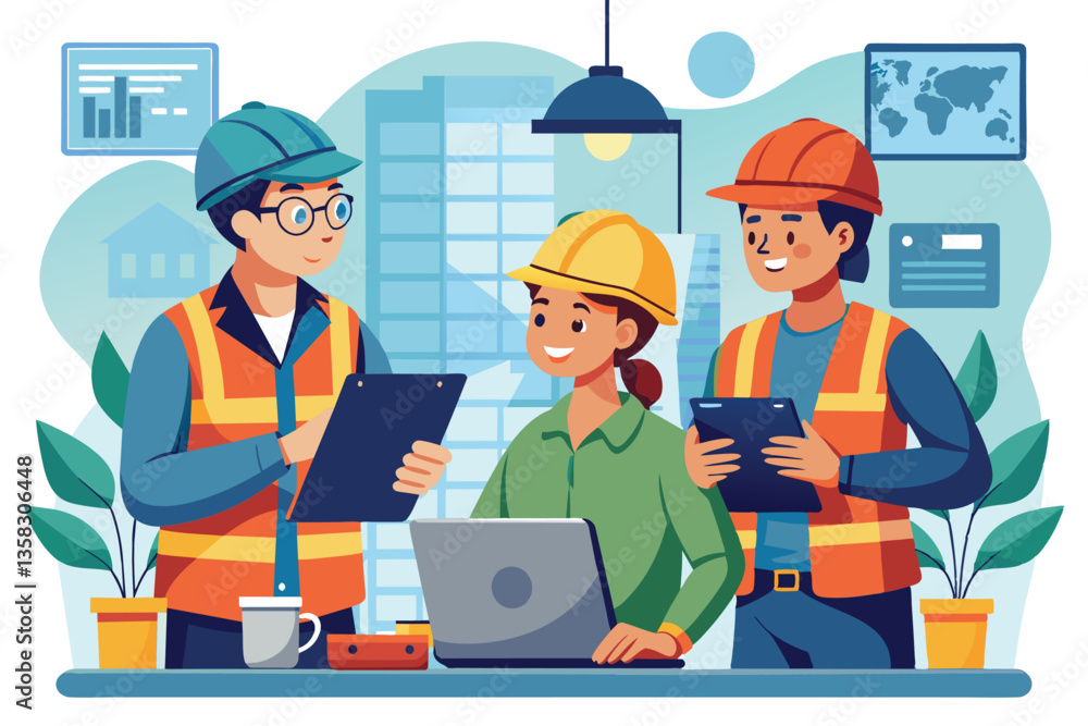 Three construction workers gather around a laptop, discussing project details in an office setting, Workers consult each other on the job Three construction workers gather around a laptop, discussing project details in an office setting, Workers consult each other on the job