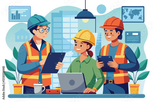 Three construction workers gather around a laptop, discussing project details in an office setting, Workers consult each other on the job