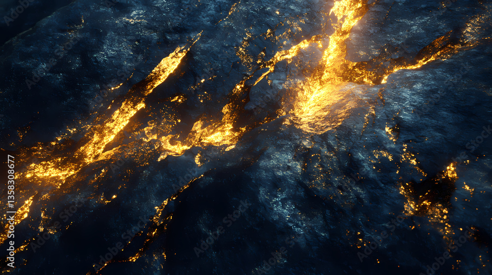 Obraz premium Dramatic gold vein glows brightly in dark rock. ai generated. Veined Shadows. Illustration