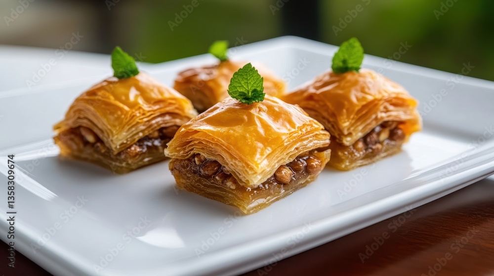 Delicious Baklava Slices Garnished with Fresh Mint on a White Plate in Natural Lighting Delicious Baklava Slices Garnished with Fresh Mint on a White Plate in Natural Lighting