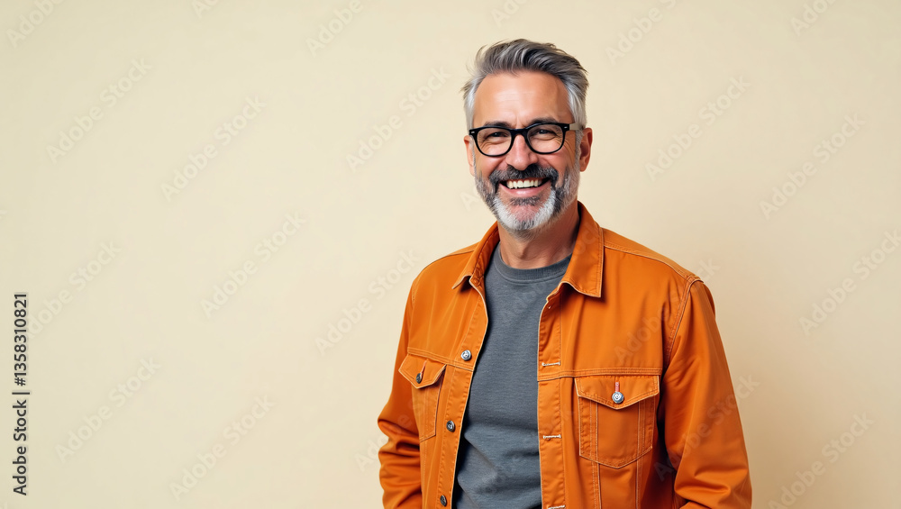 Fototapeta premium Smiling Middle-Aged Man in Orange Jacket and Gray Shirt Against Light Background
