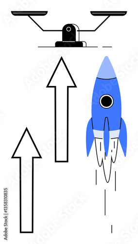 Rocket blasting upwards next to justice scales over arrows representing acceleration. Ideal for innovation, progress, ambition, success, leadership, freedom, potential. Flat simple metaphor