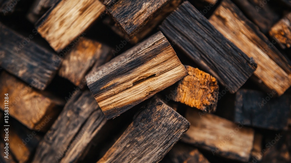 A Close-Up View of Stacked Firewood, Dark Brown and Golden Hues Dominate the Image, Showing the Texture and Grain of the Wood. A Close-Up View of Stacked Firewood, Dark Brown and Golden Hues Dominate the Image, Showing the Texture and Grain of the Wood.