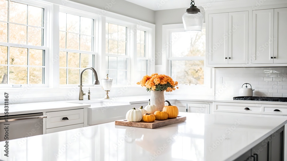 Bright kitchen island with pumpkins and flowers in a white vase on a wooden serving tray decor Bright kitchen island with pumpkins and flowers in a white vase on a wooden serving tray decor