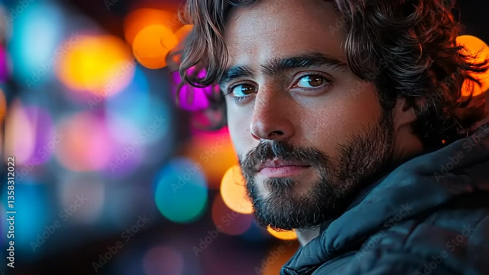 A contemplative young man gazes thoughtfully, illuminated by vibrant neon lights in a modern bar A contemplative young man gazes thoughtfully, illuminated by vibrant neon lights in a modern bar
