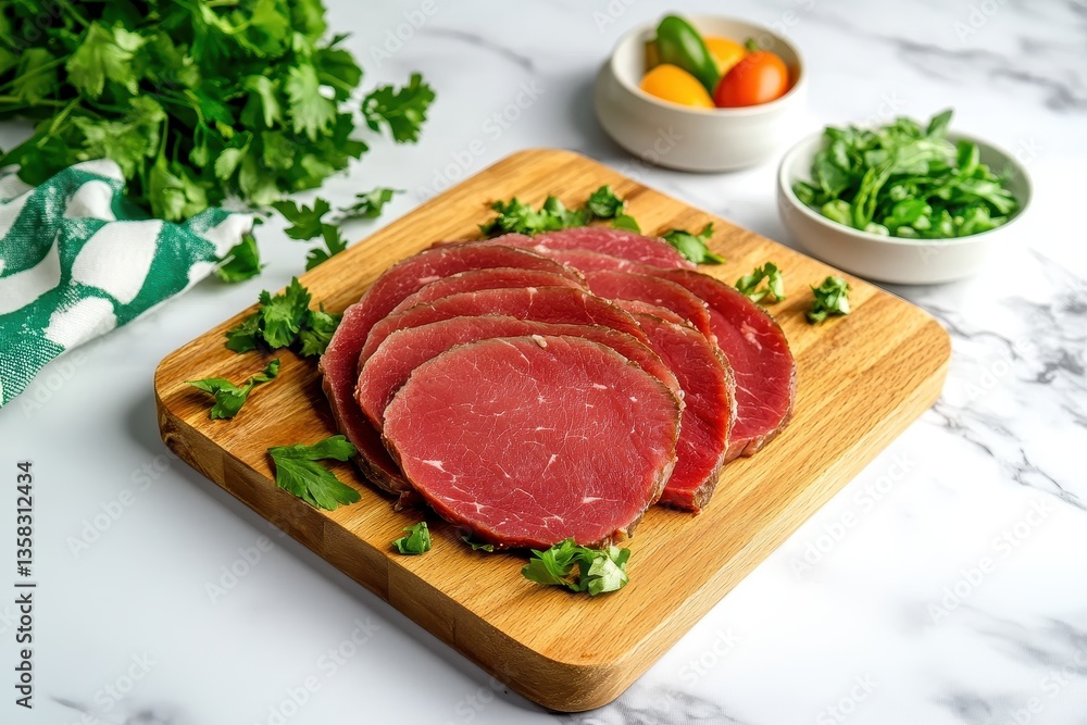 Freshly Sliced Beef on a Wooden Board Surrounded by Green Herbs and Colorful Vegetables Freshly Sliced Beef on a Wooden Board Surrounded by Green Herbs and Colorful Vegetables