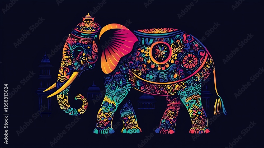 Obraz premium Vibrant elephant adorned with intricate, colorful floral patterns