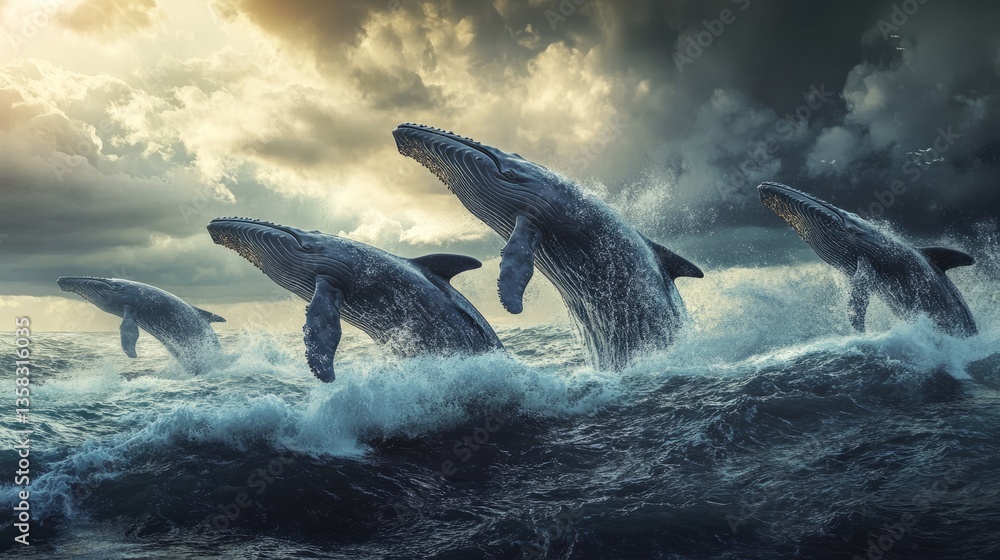 Obraz premium Generic Group Whales View Stormy Surface Ocean Breaching
