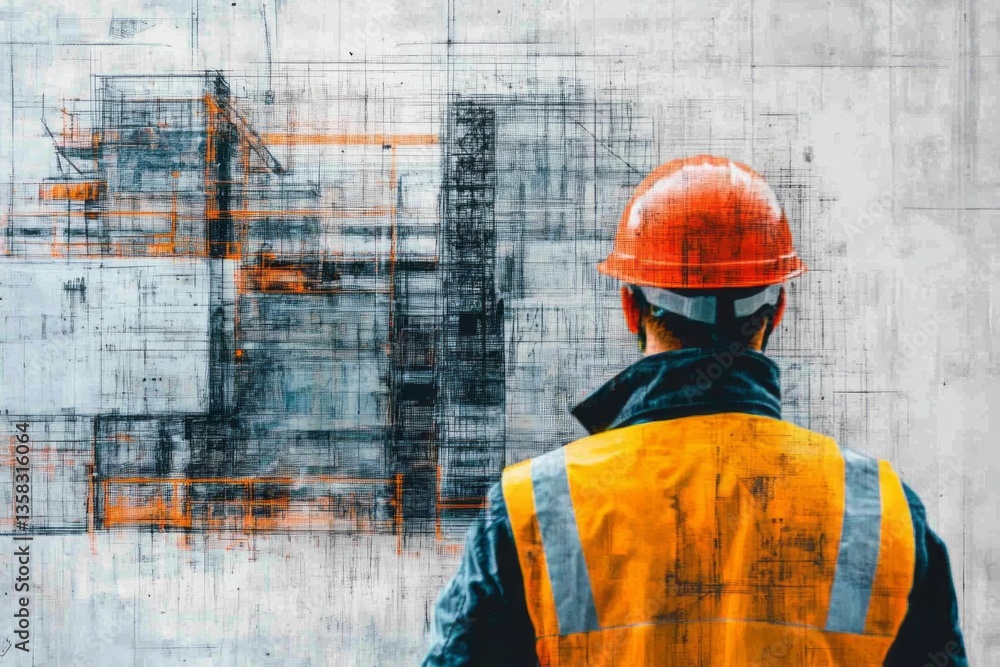 Construction worker gazes at an architectural building blueprint design Construction worker gazes at an architectural building blueprint design
