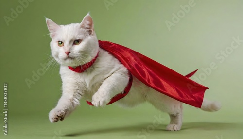 Wallpaper Mural cute white cat dressed as a superhero, flying with a red cape against a solid plain olive background Torontodigital.ca