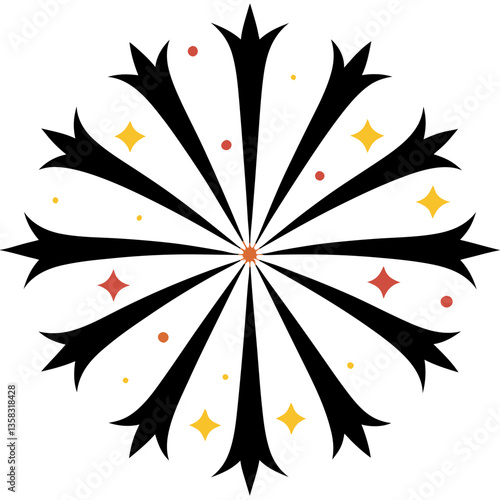 A vibrant burst of celebratory energy, radiating joy and festive spirit with a bold black and white design accented by warm-toned sparkles.