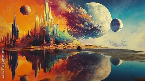 Vibrant Fantasy Cityscape with Twin Planets