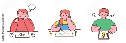 Children thinking and drawing creative ideas with pencils and digital tablets. Cute flat vector illustration of kids doing art activities.