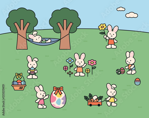Cute bunnies enjoying Easter picnic with eggs, flowers, and springtime fun in the park. Adorable vector illustration with rabbits and nature.