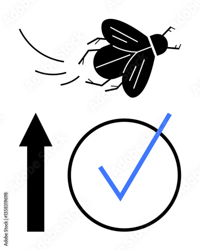 Black fly in motion, upward arrow symbolizing growth, circular check mark denoting approval. Ideal for success, progress, confirmation, movement, validation achievement motivation. Flat simple