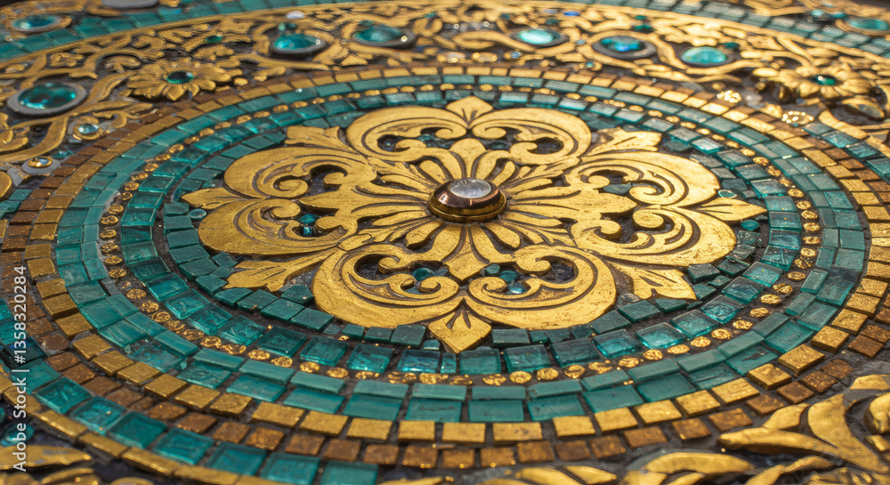 Golden Floral Mosaic Close-Up, Turquoise Blue & Gold Background, Artistic Tile Design, Decorative Wall Art Golden Floral Mosaic Close-Up, Turquoise Blue & Gold Background, Artistic Tile Design, Decorative Wall Art