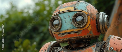 Weathered robot, close-up view, shows detail of paint and mechanical parts.  Green blurred background