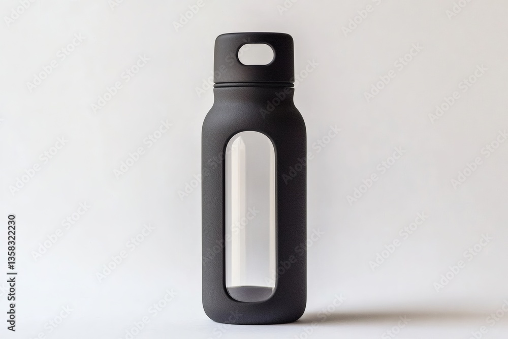 Matte black reusable water bottle with transparent vertical viewing panel Matte black reusable water bottle with transparent vertical viewing panel