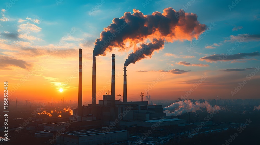 Obraz premium Industrial power plant with tall smokestacks stands against vibrant blue sky, dramatic emissions glow in golden sunlight, showcasing energy production and environmental impact in cinematic sunset.