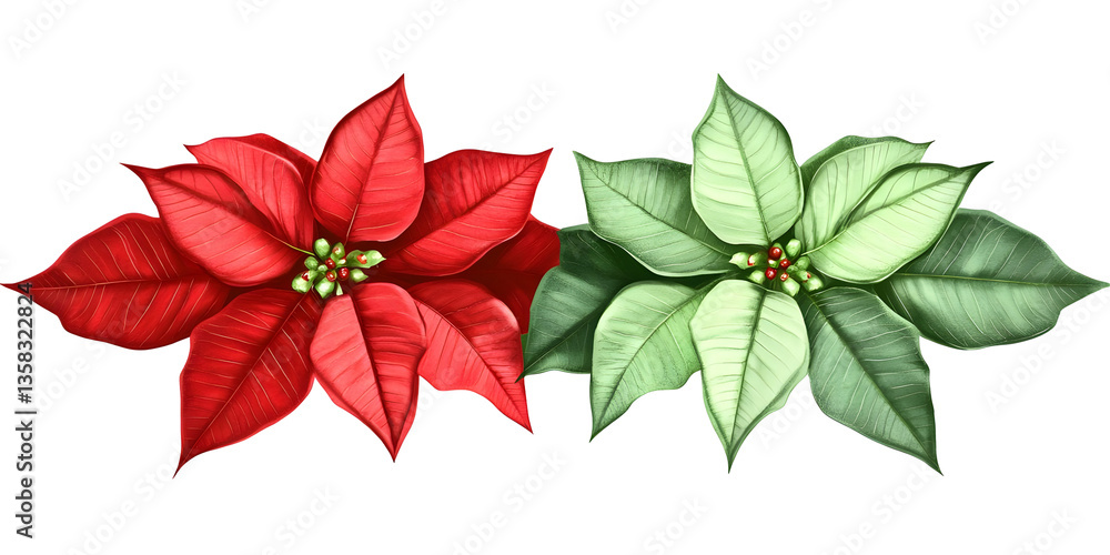 Obraz premium Isolated Transparent Background with Red and Green Poinsettia Flowers