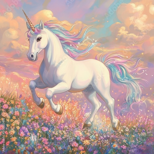Art Cartoon Unicorn Scene Colors Pastel Field Flowers