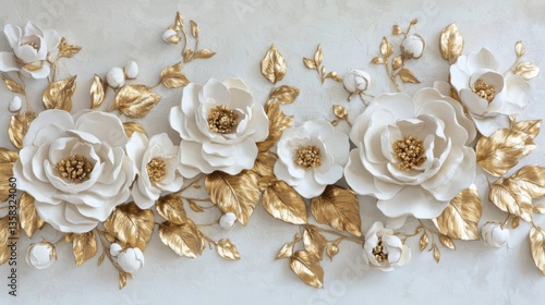 White and Gold 3D Flowers on Beige Background