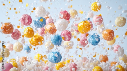 Colorful, spherical objects exploding into the air, amidst a flurry of confetti, creating a vibrant, playful scene.  A mix of pastel colors and gold confetti