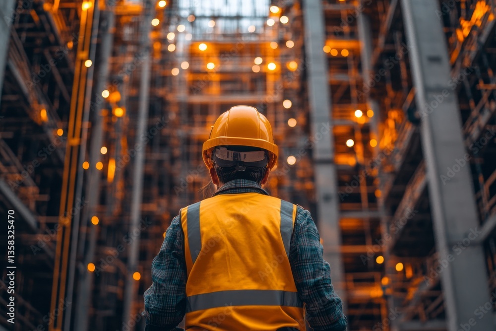 Construction worker inspecting a building with intricate scaffolding setup Construction worker inspecting a building with intricate scaffolding setup