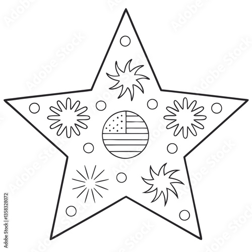 A patriotic starburst celebrating Independence Day, bursting with fireworks and the American flag, a simple line drawing.