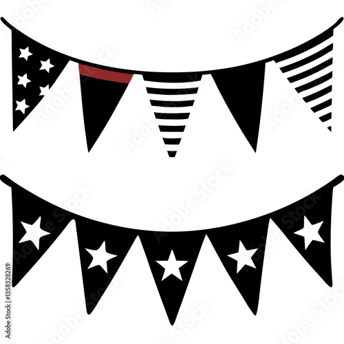Festive black and white bunting celebrating a joyous occasion with simple star and stripe patterns in a bold graphic style.