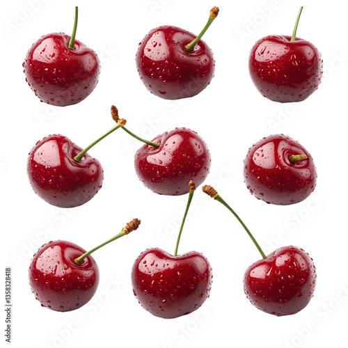 Nine juicy red cherries isolated on black background
