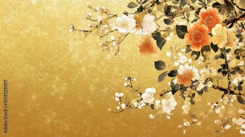 Peach and White Blossoms on Golden Background