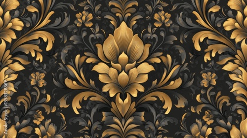 Gold and Black Damask Floral Pattern Background