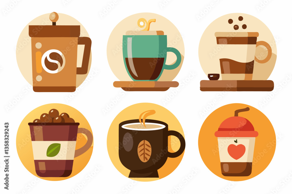 Flat Design Coffee Cups with Unique Patterns and Details Flat Design Coffee Cups with Unique Patterns and Details