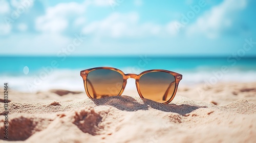 Wallpaper Mural Sunglasses resting on sand with ocean in background. Summer vacation essentials. Minimalist solo getaway mood. Relax, unwind and recharge. Plan a Solo Vacation Day Torontodigital.ca