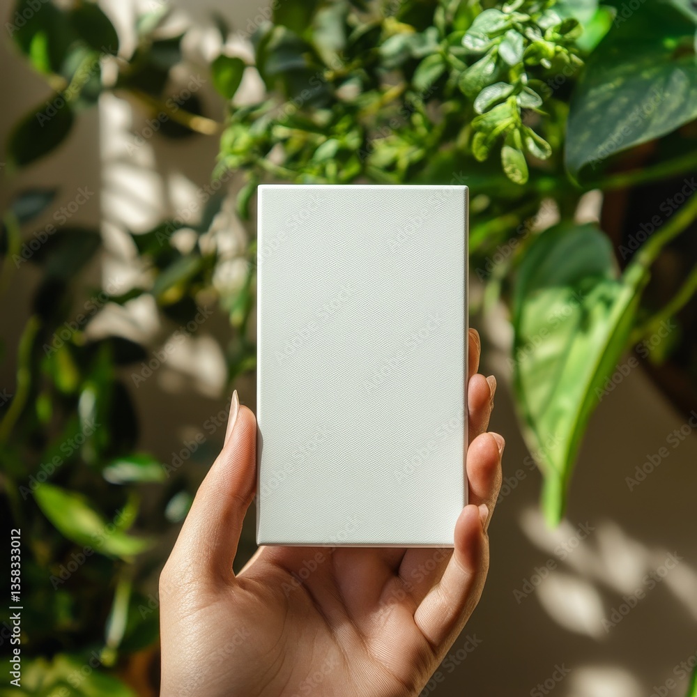 Hand Holding a Textured White Box Against Lush Green Plants in Natural Sunlight: A Close-Up Hand Holding a Textured White Box Against Lush Green Plants in Natural Sunlight: A Close-Up